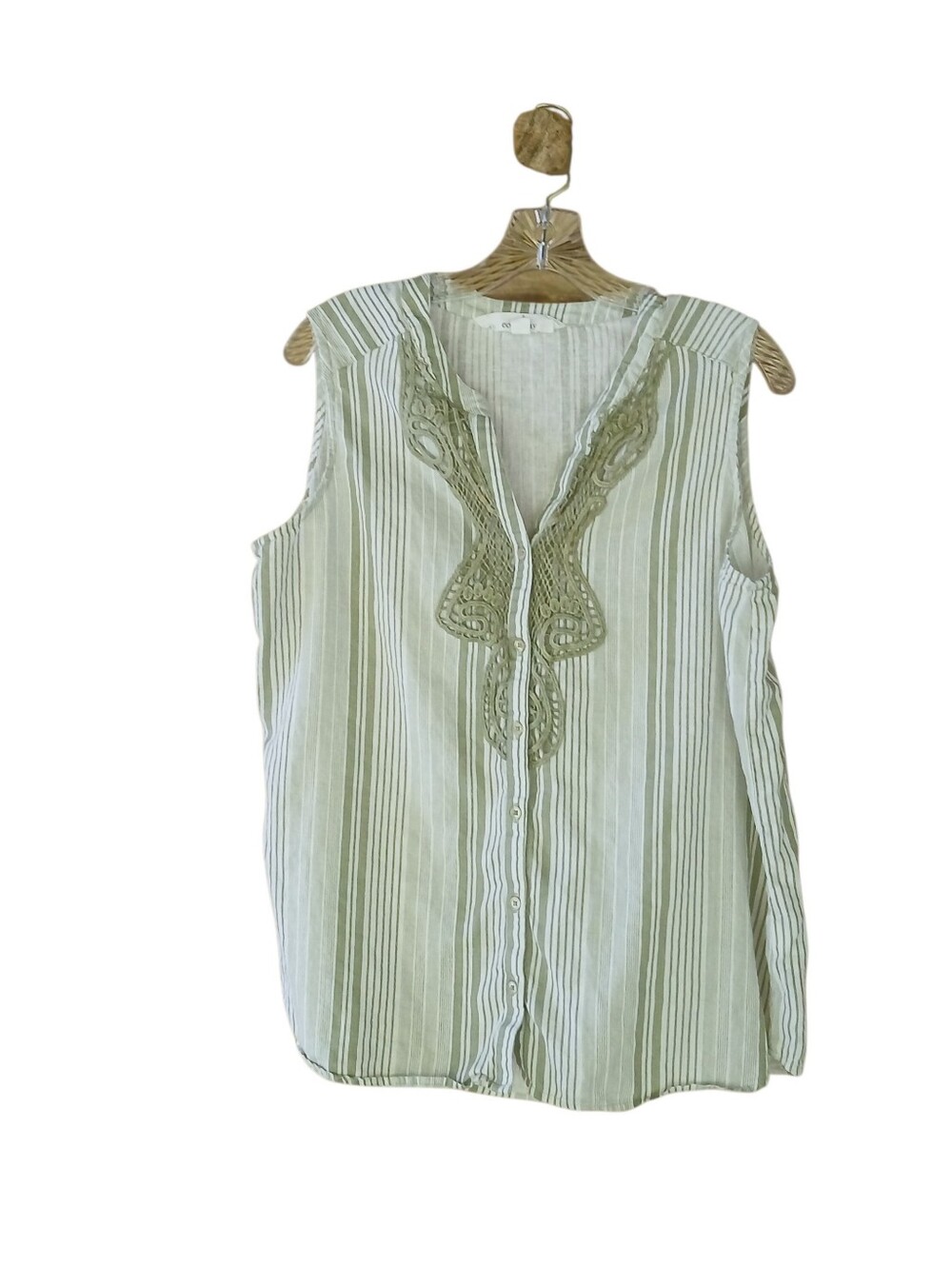 Ecco Bay Green Striped Sleeveless Split Neck Linen Rayon Shirt Large